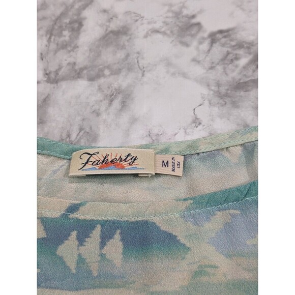 FAHERTY Womens Silk Aztec Print T Shirt  Small Cream Blue Tribal Top Blouse Sz M - Picture 2 of 6
